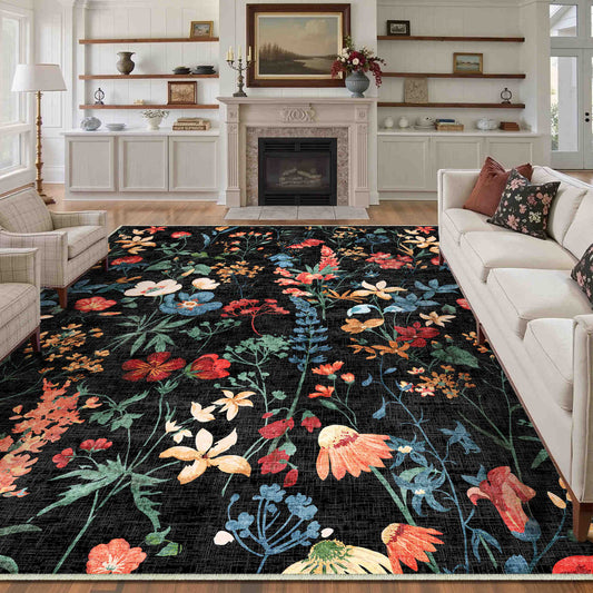 PureCozy April Modern Floral Black Washable Area Rug 9x12