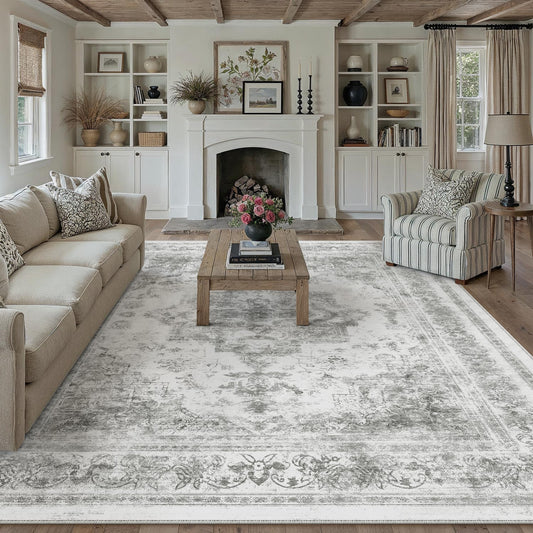 PureCozy Nourah Vintage Persian Medallion Gray Distressed Washable Rug 9*12