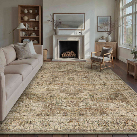 PureCozy Mandala Persian Retro Medallion Brown Short Pile Washable Rug 9x12
