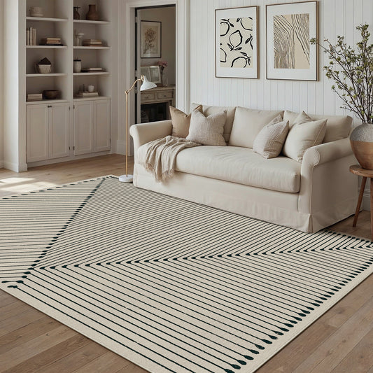 Serene Angle Black Beige Herringbone Washable Indoor Outdoor Rug