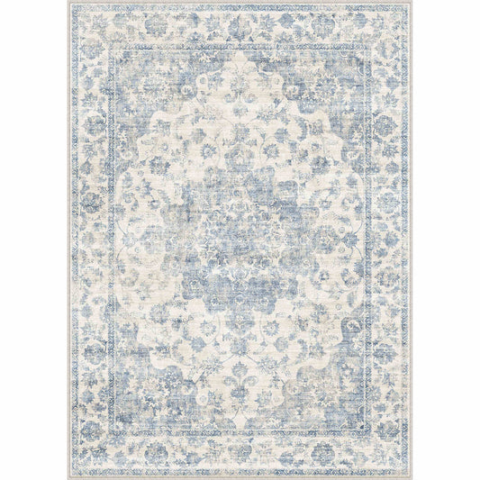 PureCozy Juliet Vintage Floral Blue Short Pile Traditional Washable Rug