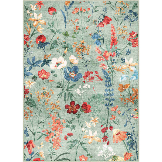 PureCozy April Modern Floral Green Washable Area Rug