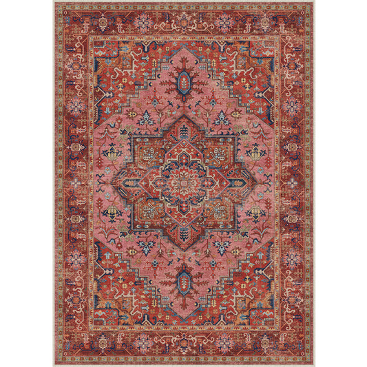 Roman Medallion Vintage Persian Red Short Pile Washable Rug