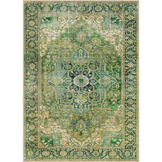 PureCozy Emerald Lake Vintage Persian Medallion Green Short Pile Washable Rug
