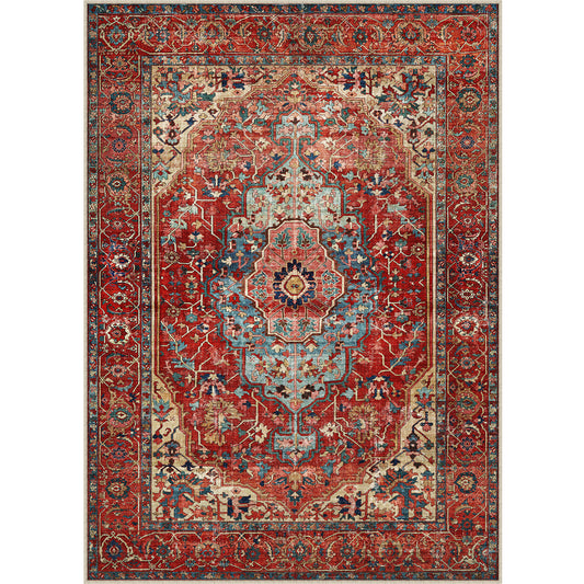 Nicola Vintage Persian Medallion Red Short Pile Washable Rug