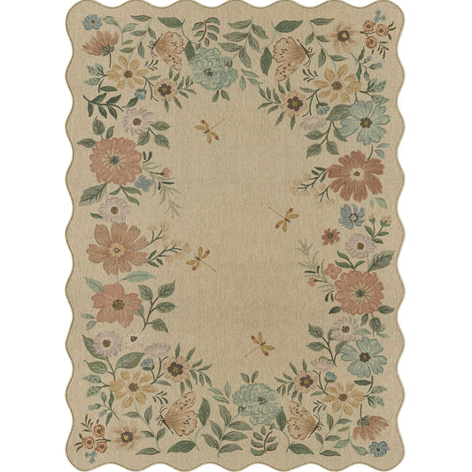 Dragonfly Bloom Beige Re-Jute Washable Indoor Outdoor Rug