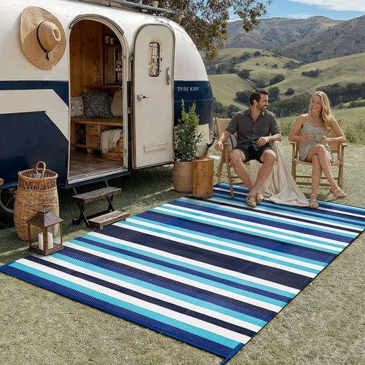 Stripes Modern Striped Blue White Outdoor Rug