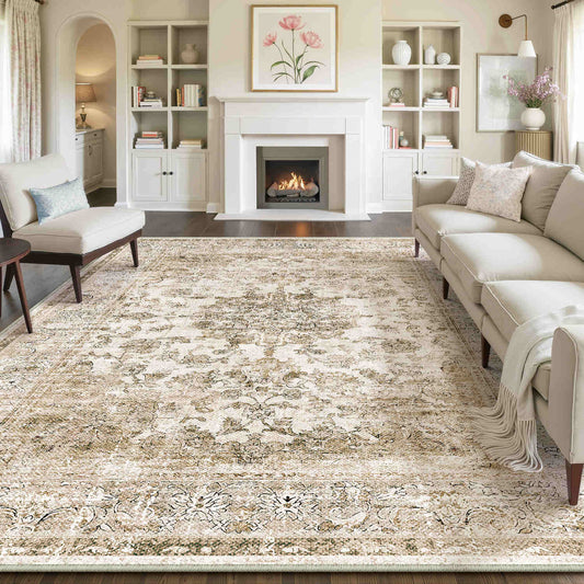 PureCozy Velora Vintage Floral Brown Traditional Washable Rug 9x12