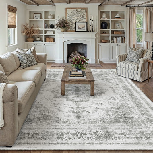 Nourah Vintage Persian Medallion Gray Distressed Washable Rug