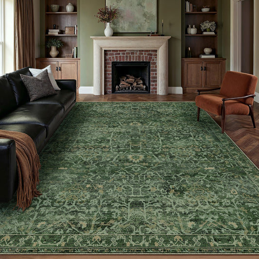 Abadan Persian Vintage Green Short Pile Distressed Washable Rug
