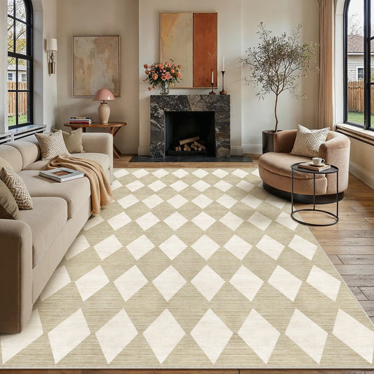 Galen Check Modern Geometric Beige Washable Rug