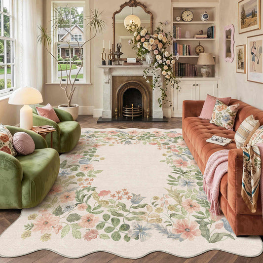 PureCozy Bloom Wreath Modern Floral Beige Washable Area Rug 9x12