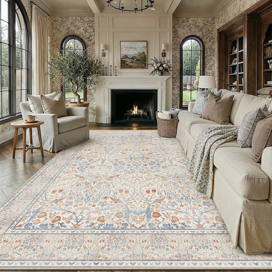 Florentine Garden Vintage Floral Beige Machine Washable Area Rug
