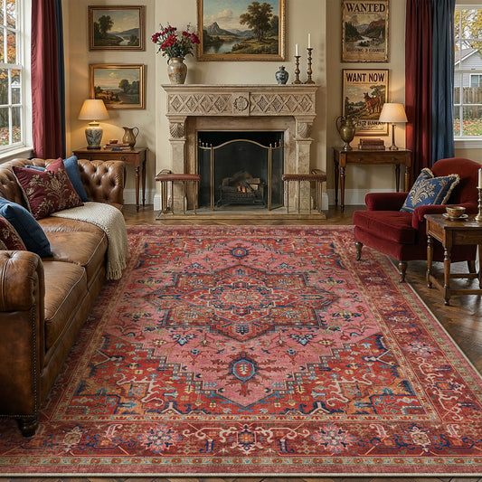 Roman Medallion Vintage Persian Red Short Pile Washable Rug