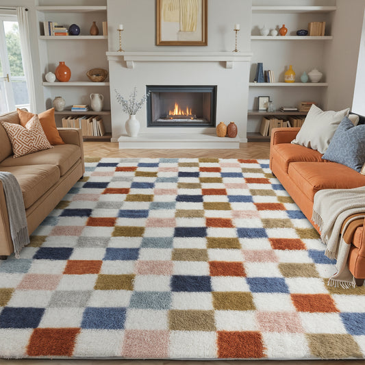 Checkered Colorful Shag Washable Area Rug