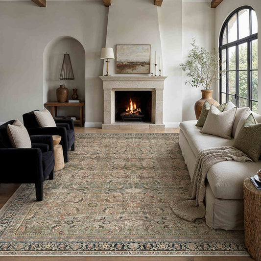 PureCozy Amara Persian Vintage Brown Short Pile Traditional Distressed Washable Rug 9x12