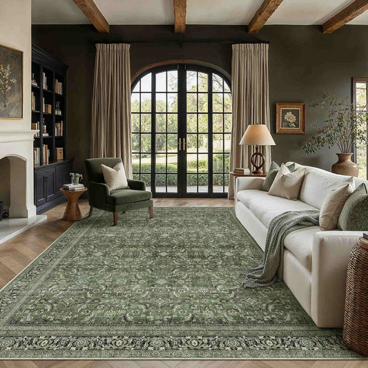 PureCozy Amara Persian Vintage Green Short Pile Traditional Distressed Washable Rug 9x12