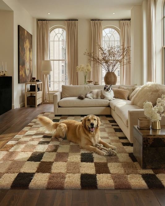 Mosaic Checkered Brown Shag Washable Rug