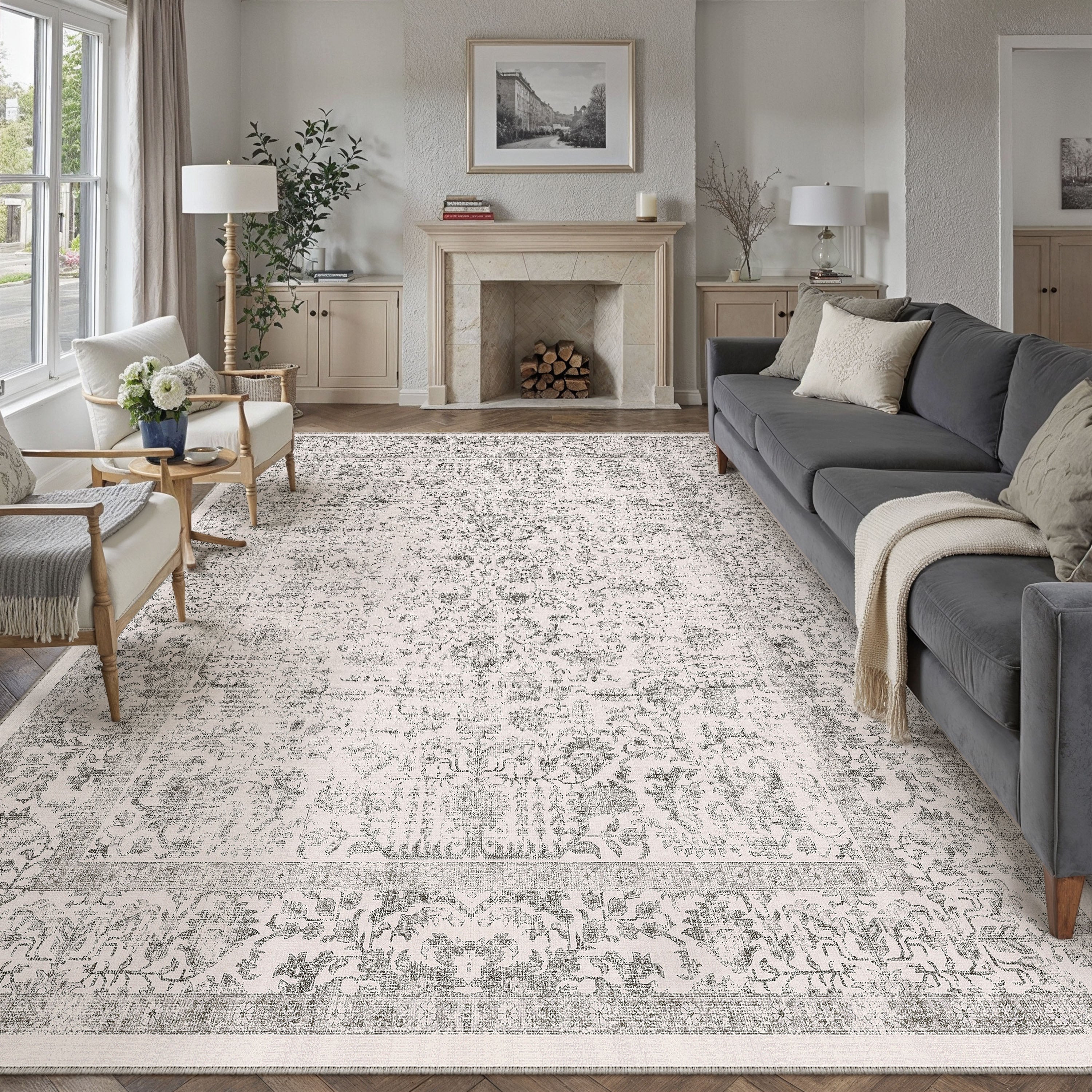 Sylva Vintage Persian Floral Gray Distressed Washable Rug – PureCozy