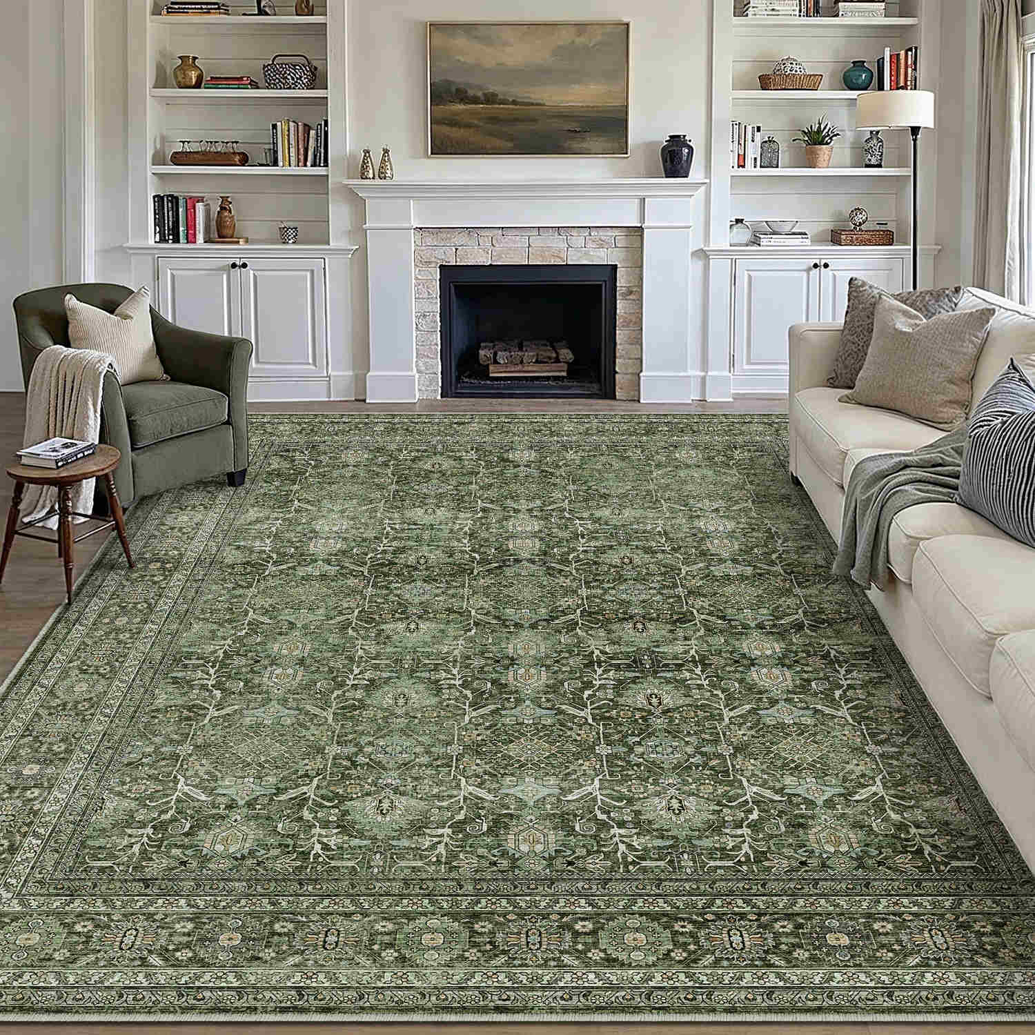 Selma Persian Vintage Green Short Pile Distressed Washable Rug