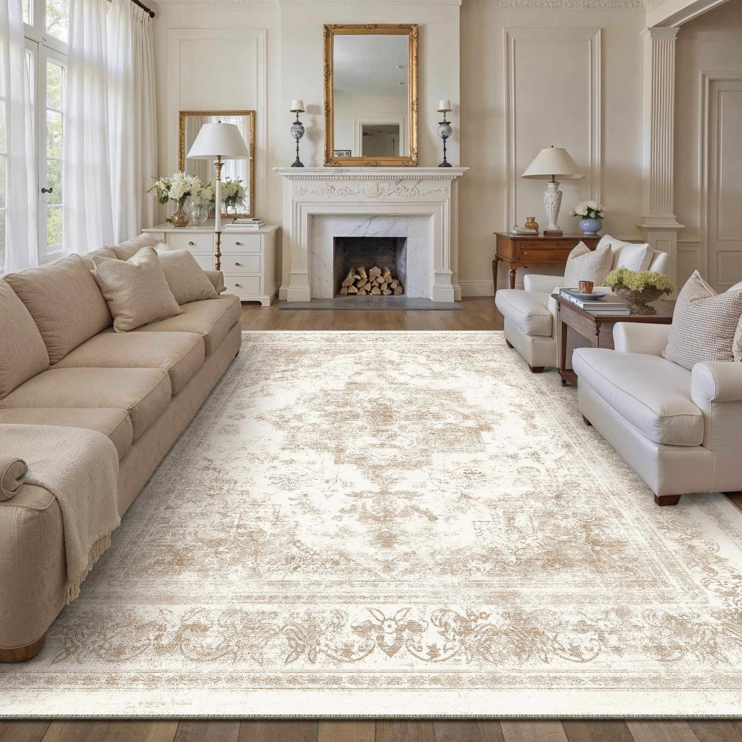 Nourah Vintage Persian Medallion Beige Distressed Washable Rug