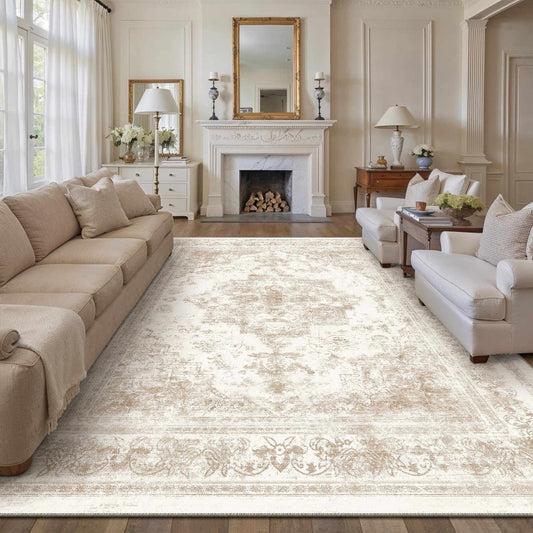 PureCozy Nourah Vintage Persian Medallion Beige Distressed Washable Rug 9x12