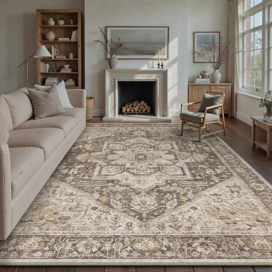 Mandala Persian Retro Medallion Brown Short Pile Washable Rug