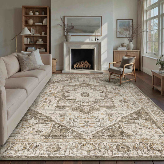 PureCozy Mandala Persian Retro Medallion Brown Short Pile Washable Rug 9x12