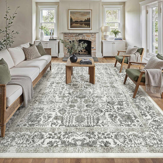 PureCozy Sylva Vintage Persian Floral Black Distressed Washable Rug 9x12