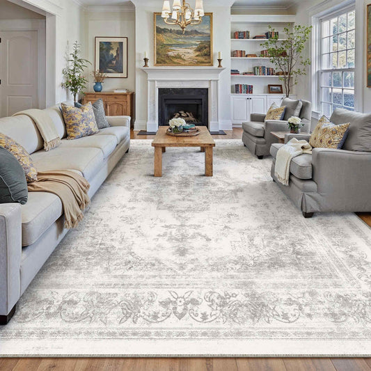 PureCozy Nourah Vintage Persian Medallion Light Gray Distressed Washable Rug 9x12