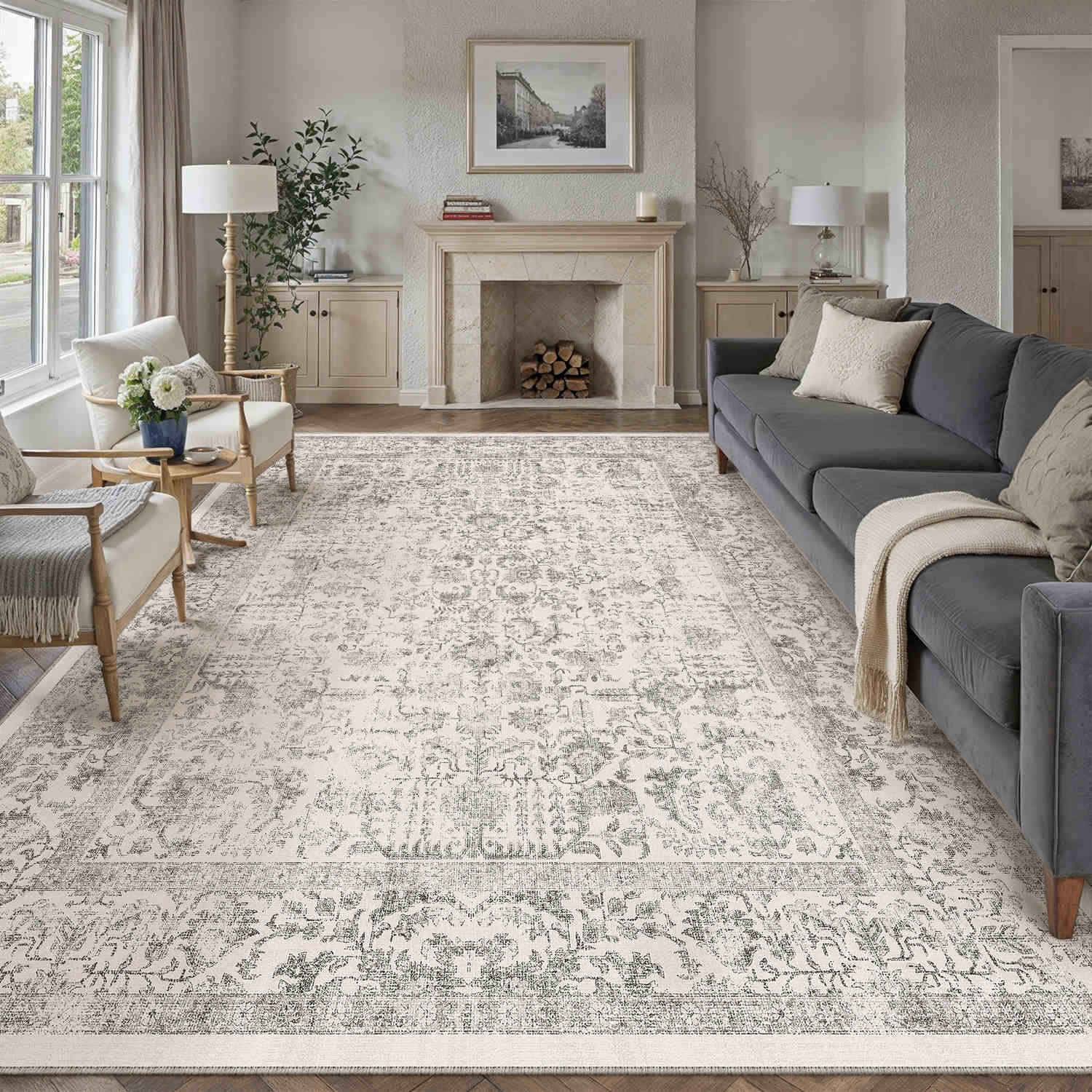 Sylva Vintage Persian Floral Gray Distressed Washable Rug – PureCozy