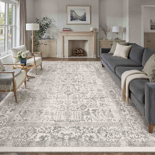 PureCozy Sylva Vintage Persian Floral Gray Distressed Washable Rug 9x12