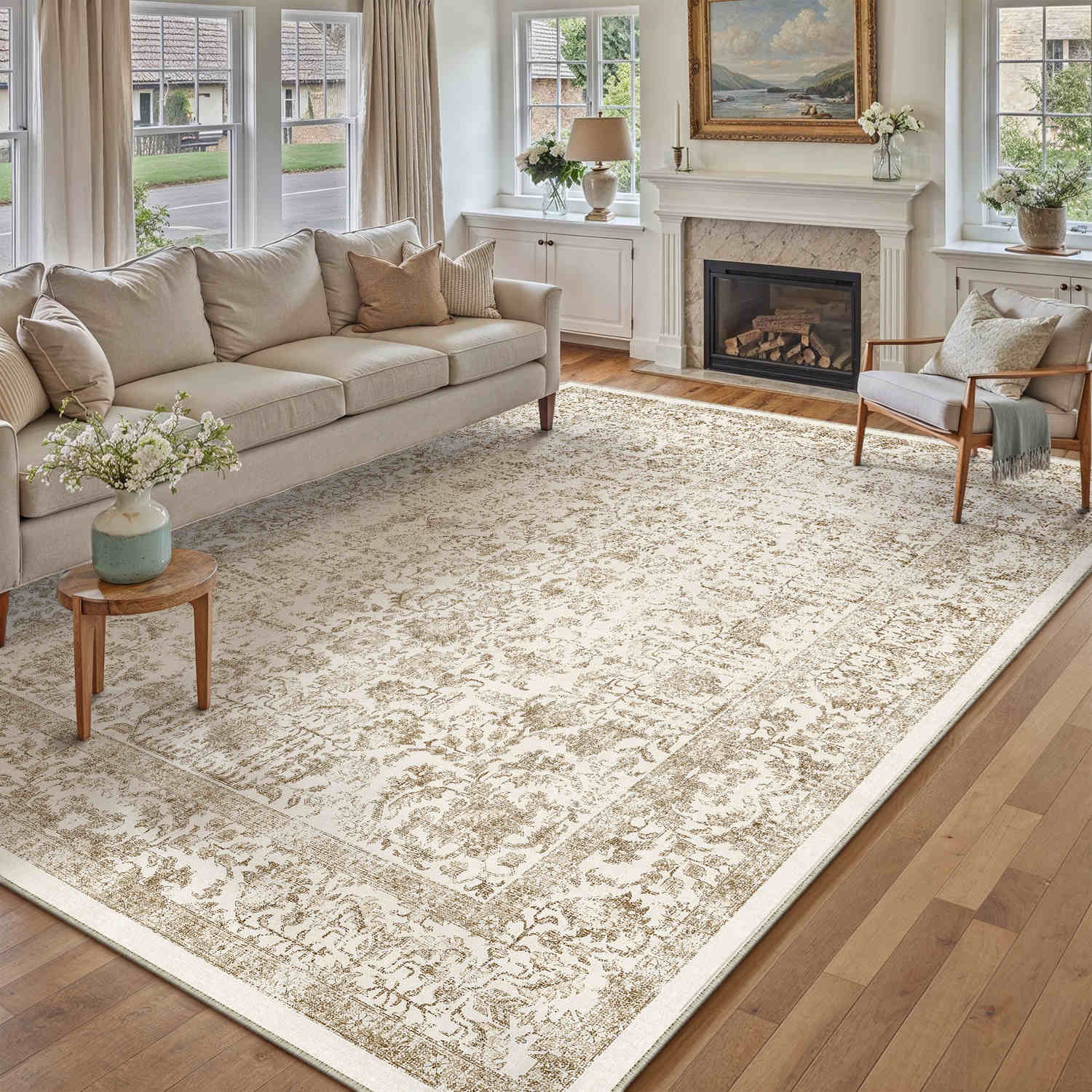 Sylva Vintage Persian Floral Light Brown Distressed Washable Rug