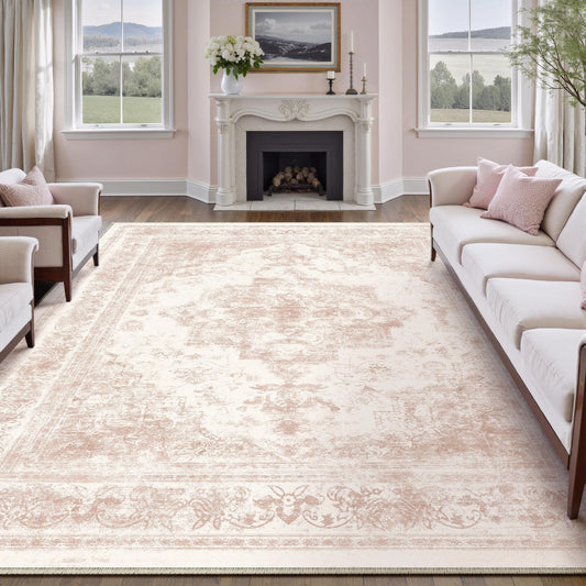 Nourah Vintage Persian Medallion Pink Distressed Washable Rug