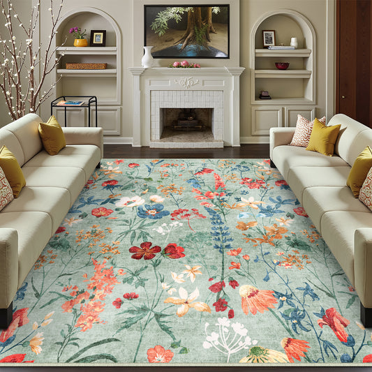 April Modern Floral Green Washable Area Rug