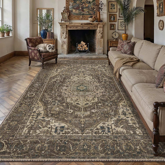 PureCozy Gulara Vintage Persian Medallion Brown Machine Washable Chenille Rug 9x12