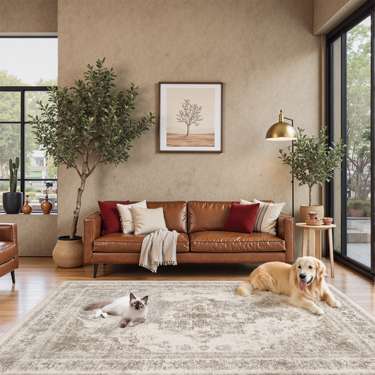 Nourah Vintage Persian Medallion Taupe Distressed Washable Rug