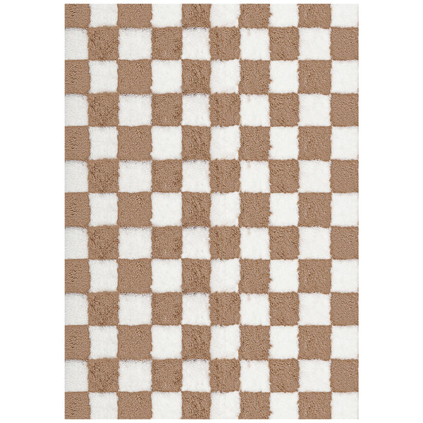 Checkered Brown White Shag Washable Area Rug