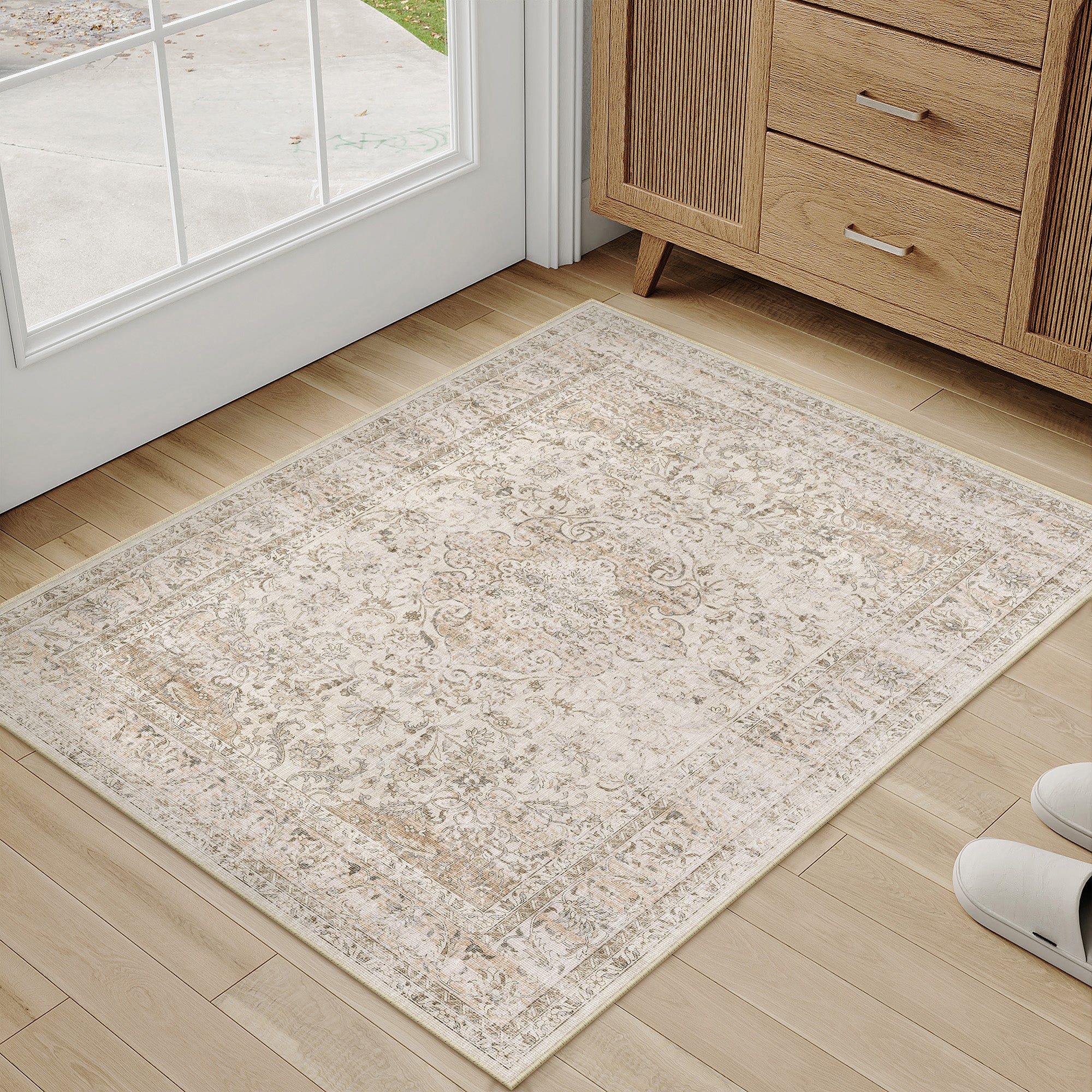 Aria Vintage Floral Beige Traditional Machine Washable Area Rug