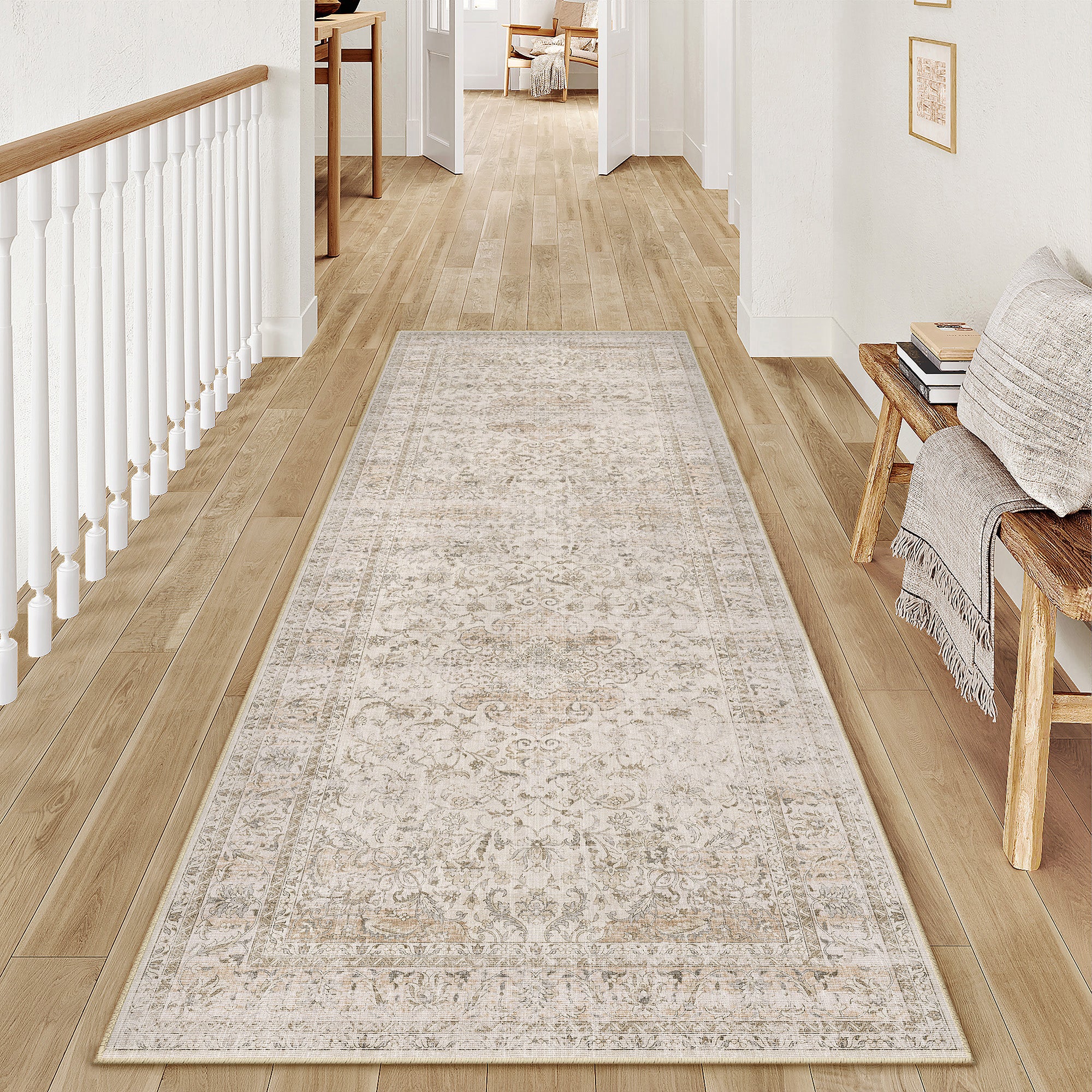 Aria Vintage Floral Beige Traditional Machine Washable Area Rug