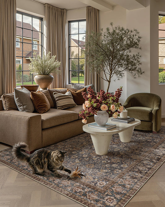 Thorned Garden Persian Vintage Blue Brown Traditional Washable Rug