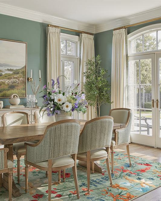 April Modern Floral Green Washable Area Rug