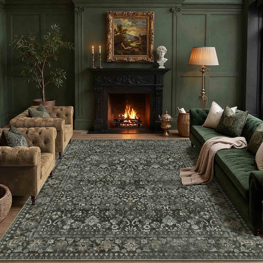 PureCozy Thorned Garden Persian Vintage Green Brown Traditional Washable Rug 9x12