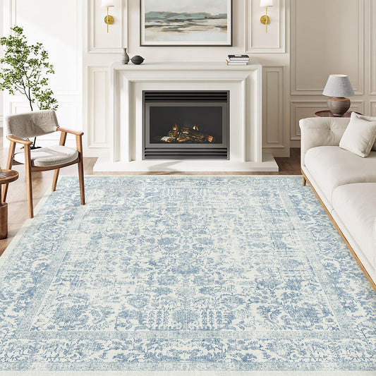Sylva Vintage Persian Floral Blue Distressed Washable Rug
