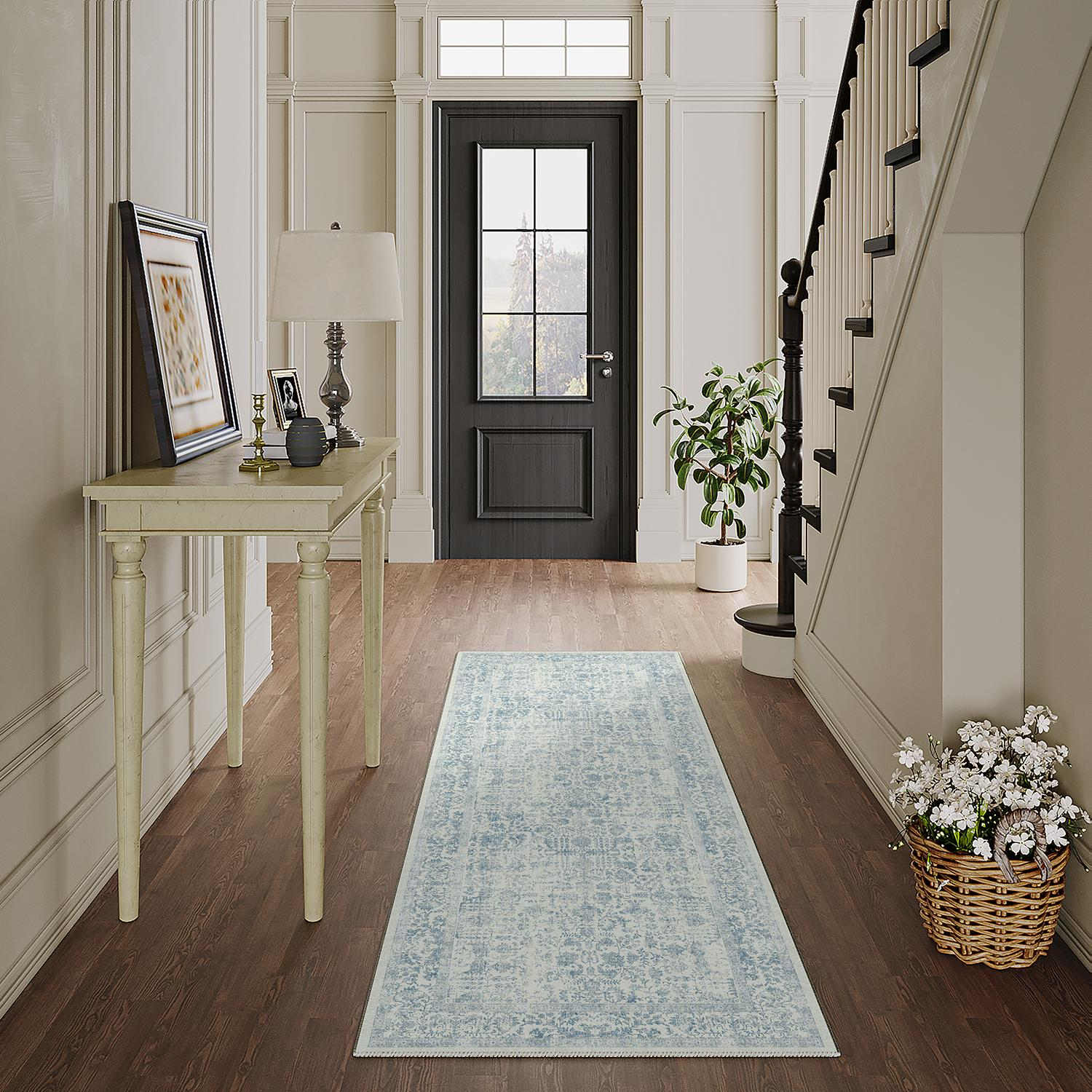 シノワズリ　モダン　VINTAGE　RUG　リバーシブル Sylva Vintage Persian Floral Blue Distressed Washable Rug – PureCozy