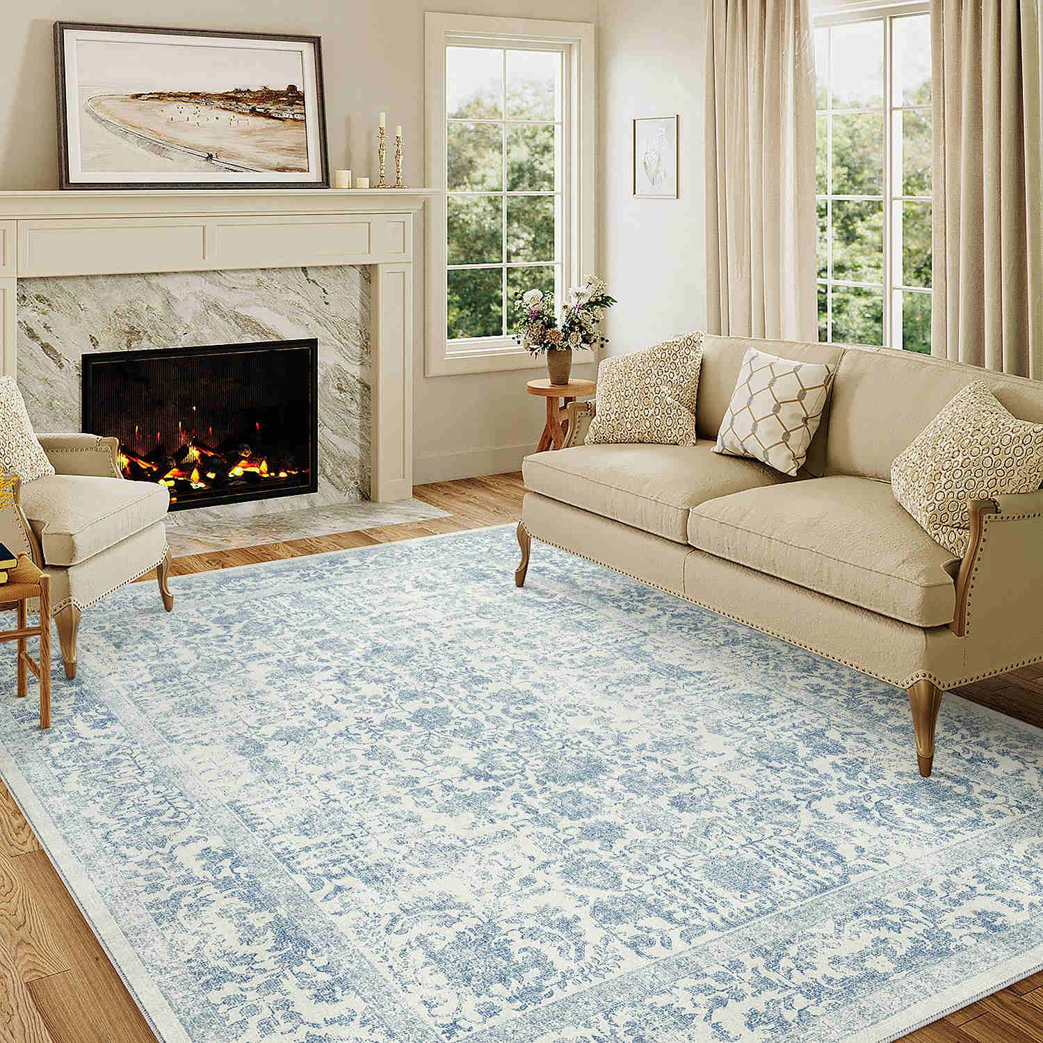 Sylva Vintage Persian Floral Blue Distressed Washable Rug – PureCozy