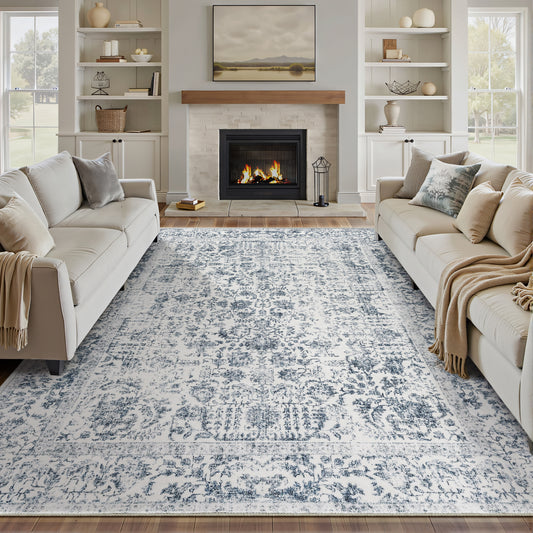 Sylva Vintage Persian Floral Dark Blue Distressed Washable Rug