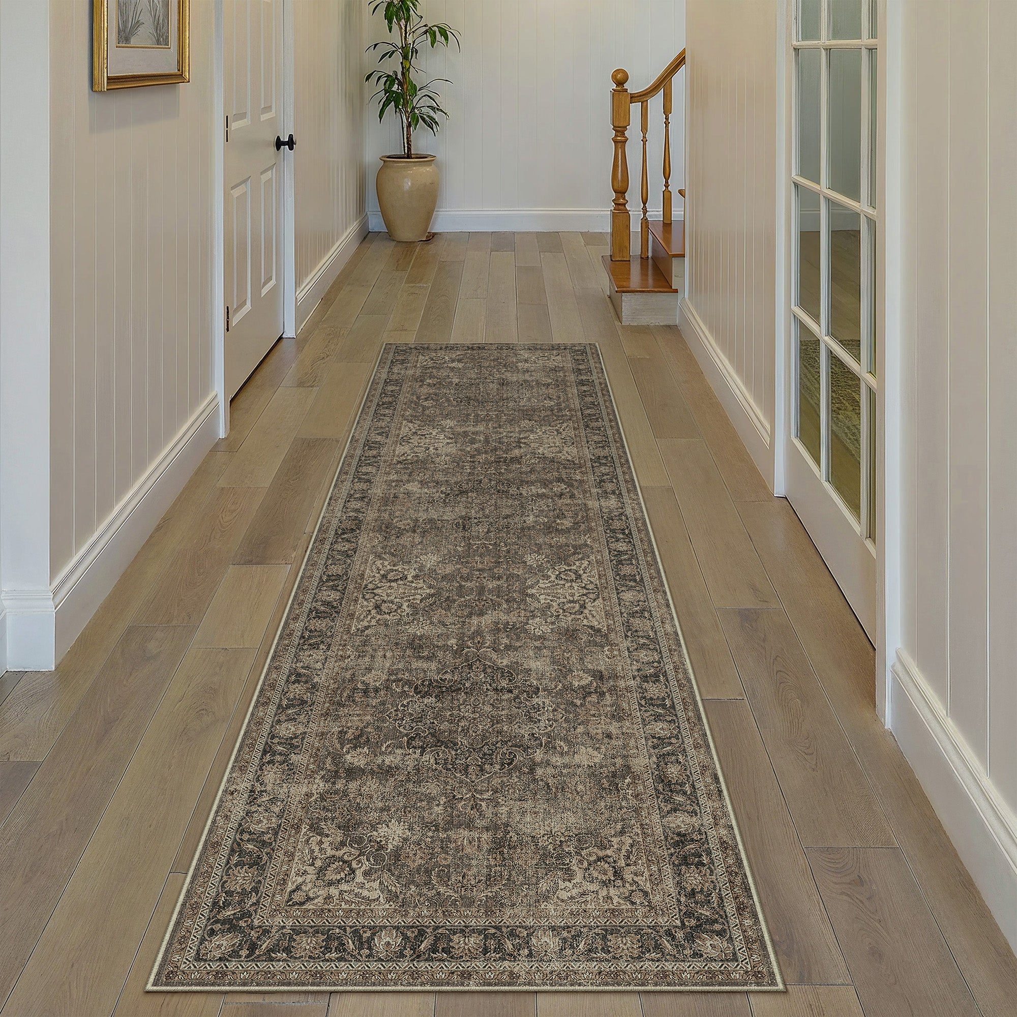 Aria Vintage Floral Brown Traditional Machine Washable Area Rug