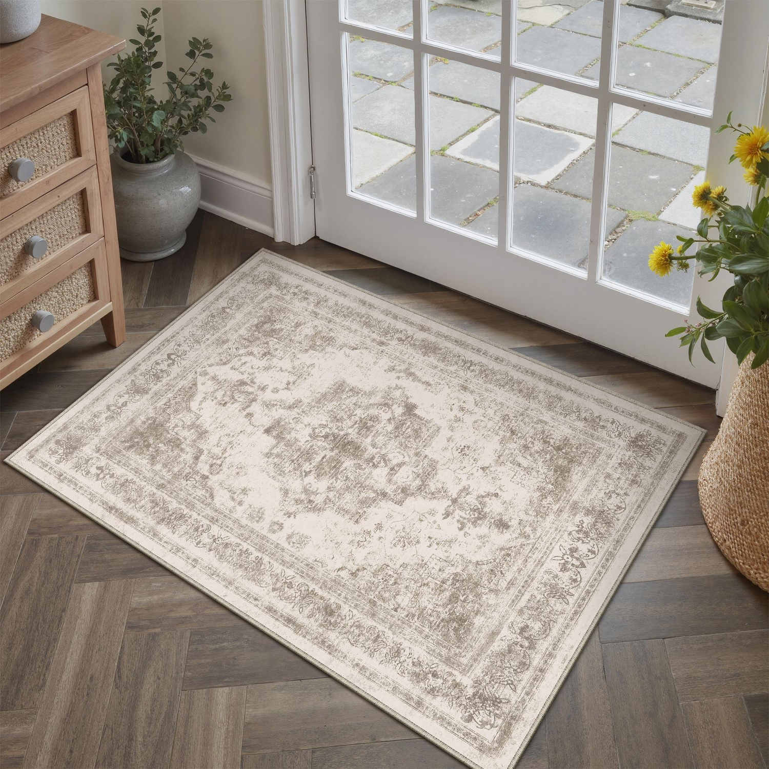 Nourah Vintage Persian Medallion Taupe Distressed Washable Rug