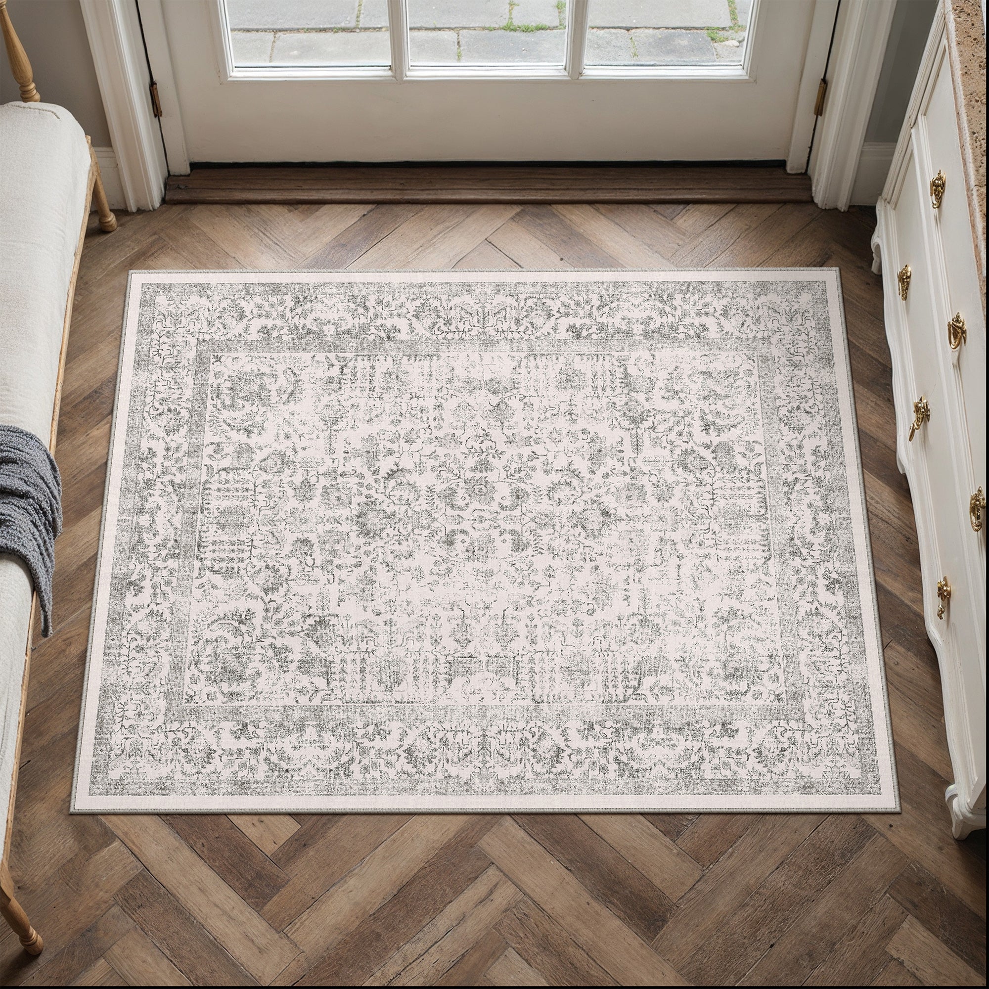 Sylva Vintage Persian Floral Gray Distressed Washable Rug – PureCozy